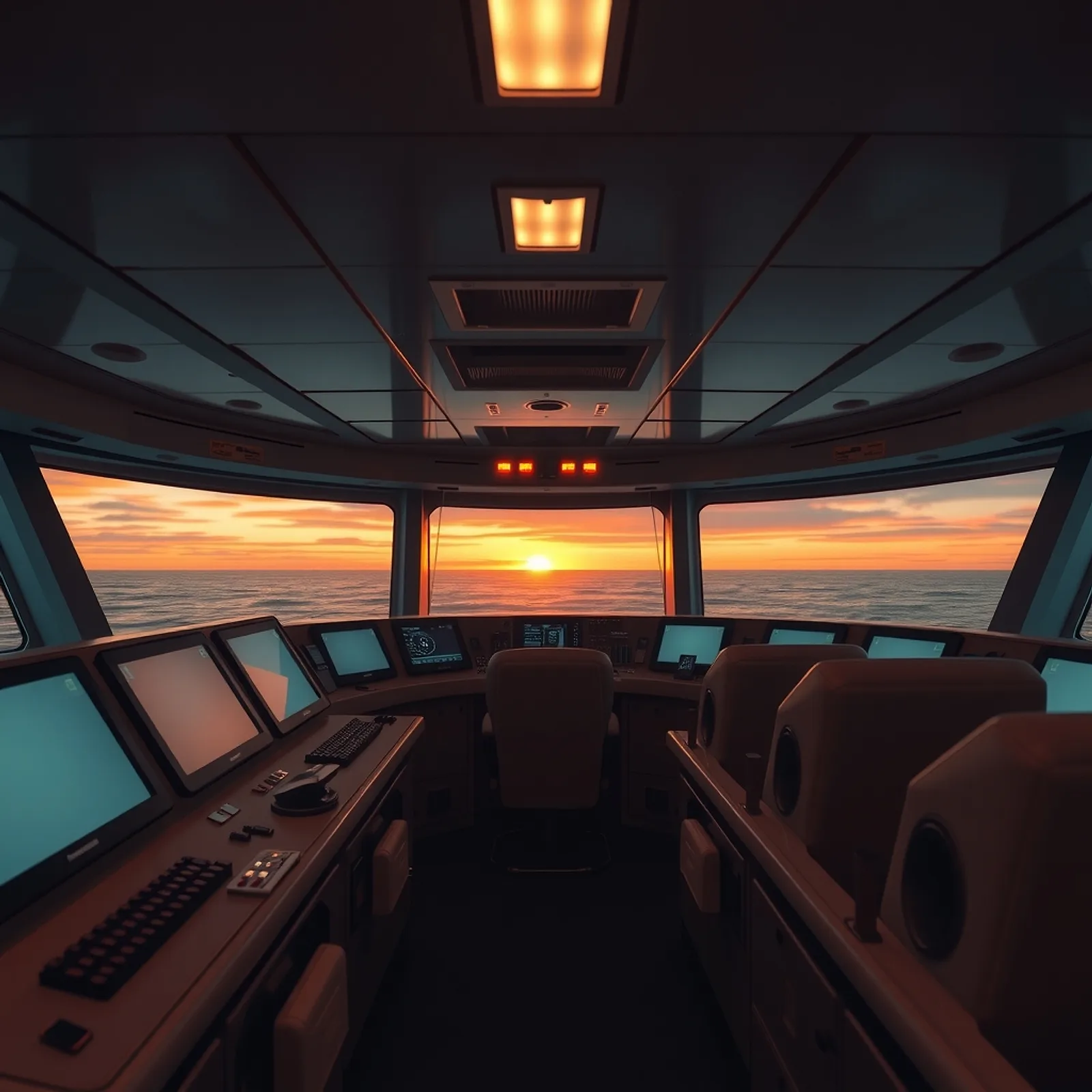 Ship bridge at dusk with glowing navigation screens and an orange horizon