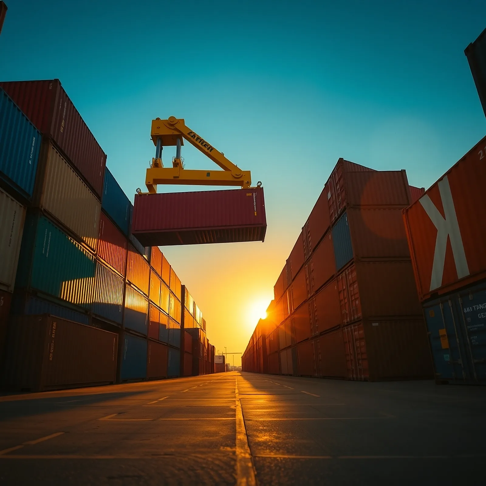 Neat row of stacked containers with a yellow reach stacker at sunset