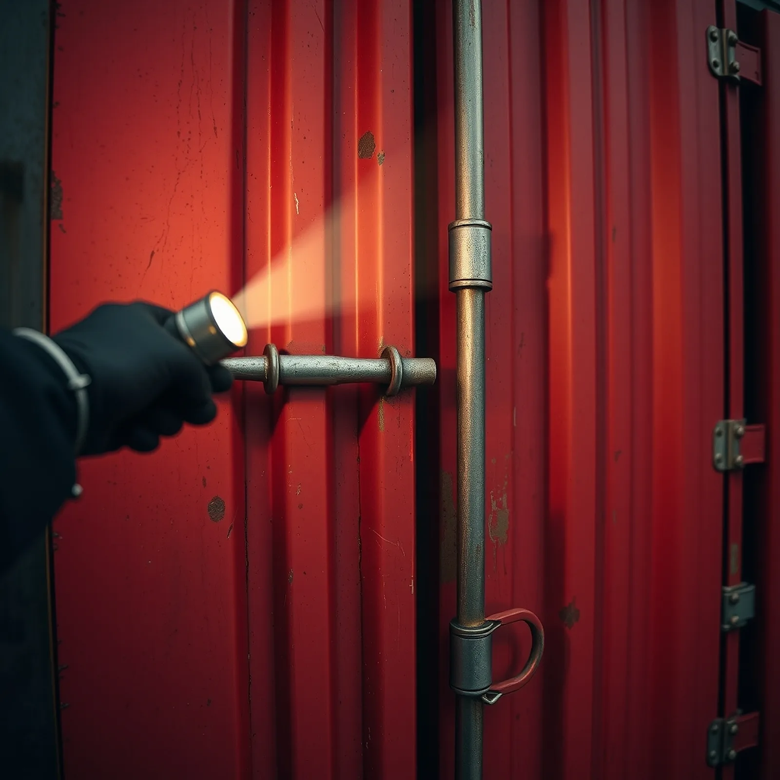 Gloved hand lighting the door seal of a red shipping container with a torch