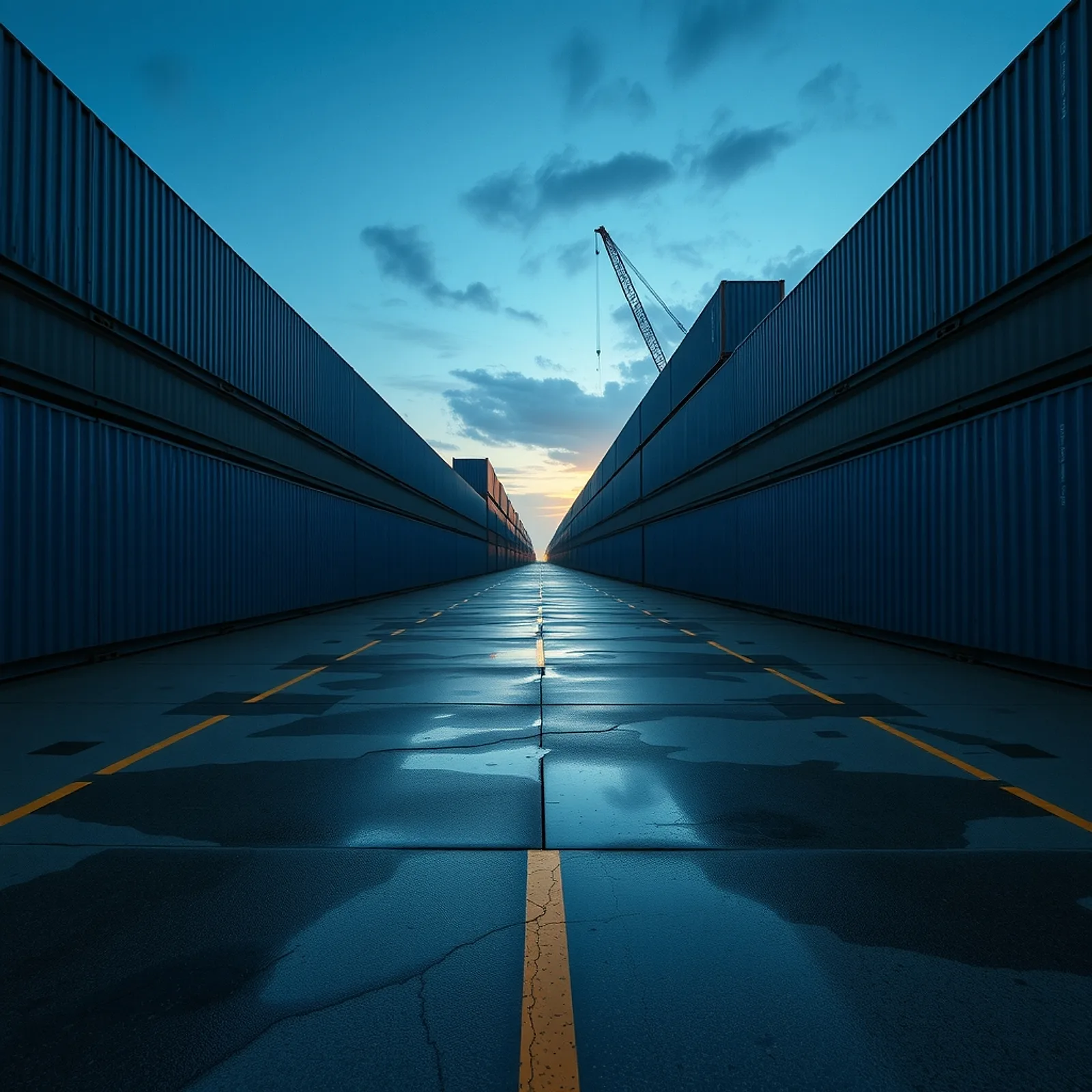 Endless rows of factory-new dark blue shipping containers in a yard at blue hour