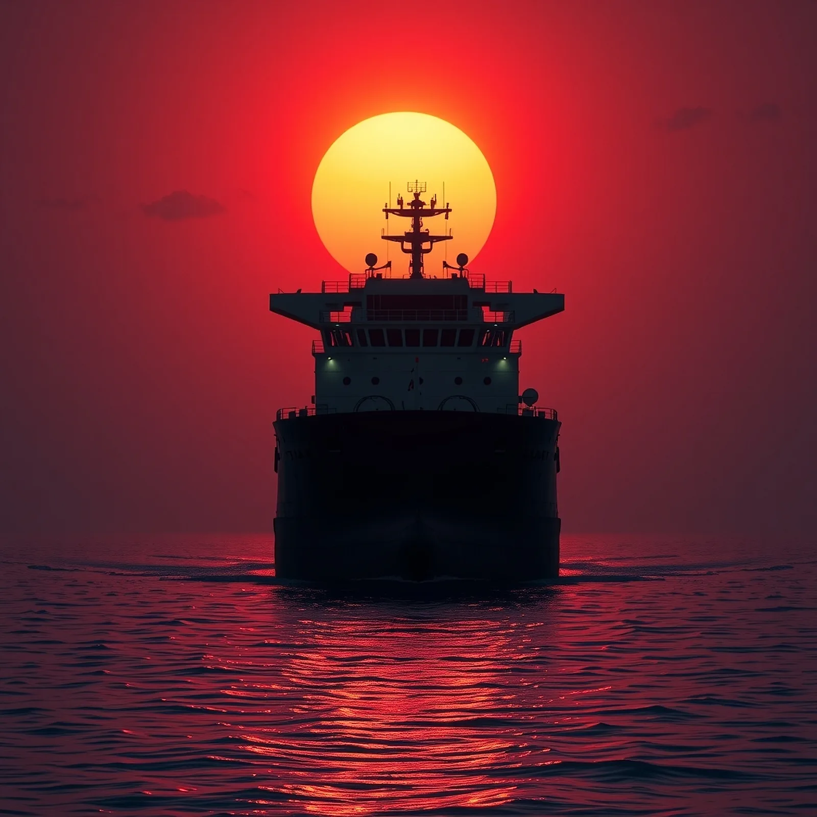 Oil tanker silhouetted against an orange sunset